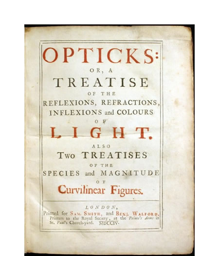 Portada de la primera edición del tratado Opticks, de Isaac Newton